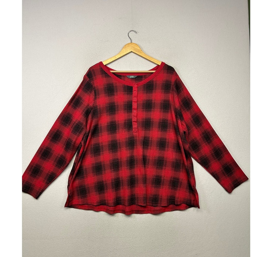 Buffalo Plaid Terra & Sky Womens 4X Red Black Waffle Knit Henley Top Lumberjack